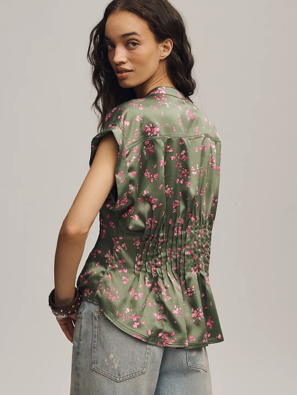 Pilcro Anthropologie Linden Silken Pleated Waisted Blouse Green Floral L - Picture 4 of 9